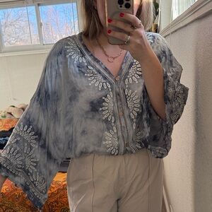 Vintage Havana Boho Embroidered Tie-Dye V-Neck Women's Top - Navy Blue